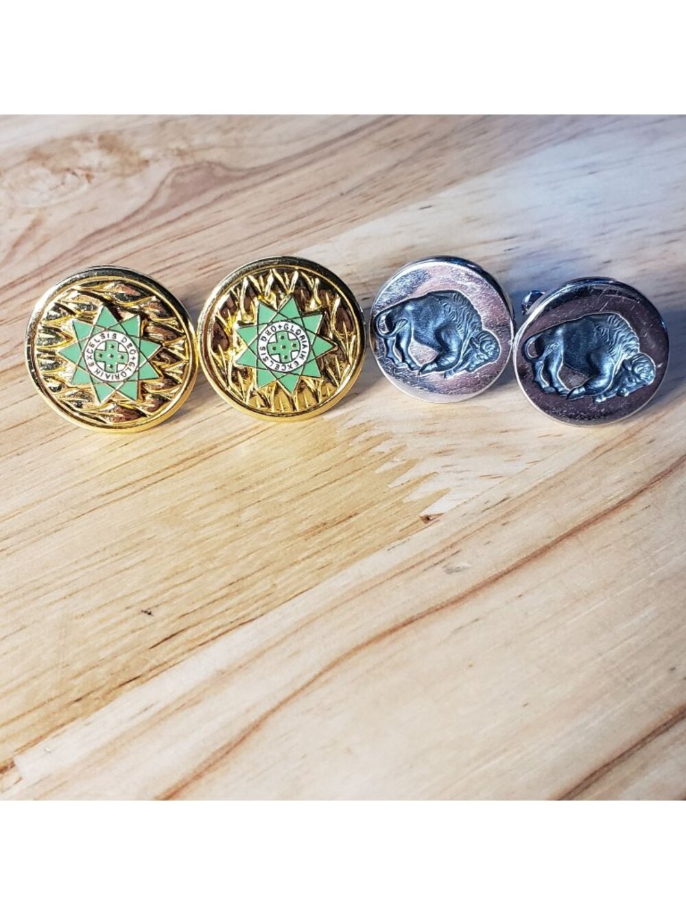 Vintage Cufflinks Lot 2 Pair Gold Enamel Religious Buffalo Silver Tone